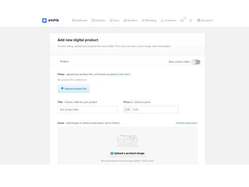 captura datos producto nuevo en payhip
