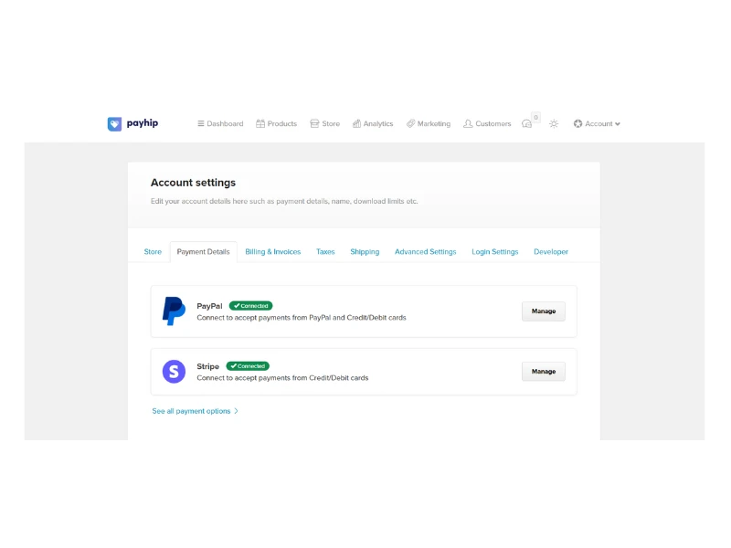 detalles de configuracion del pago en payhip