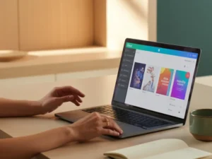 Mujer trabajando en su portátil con Canva, editando un documento digital tipo ebook.