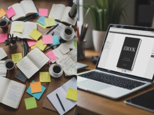 El síndrome del borrador infinito: por qué no terminas nada Imagen partida que muestra el contraste entre un escritorio desordenado con borradores inacabados y una mesa limpia con un portátil que muestra un producto digital terminado, representando el sistema para crear un ebook.