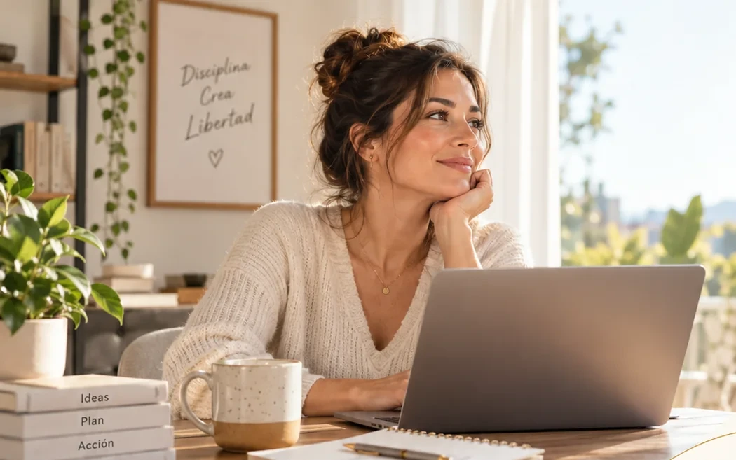 Espacio de trabajo desde casa con portátil y luz natural